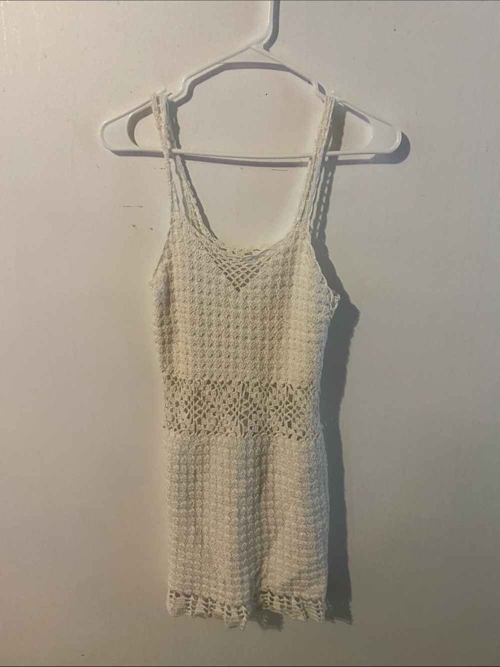 Cream Crochet Mini Dress with V-Neck and Spaghetti Straps